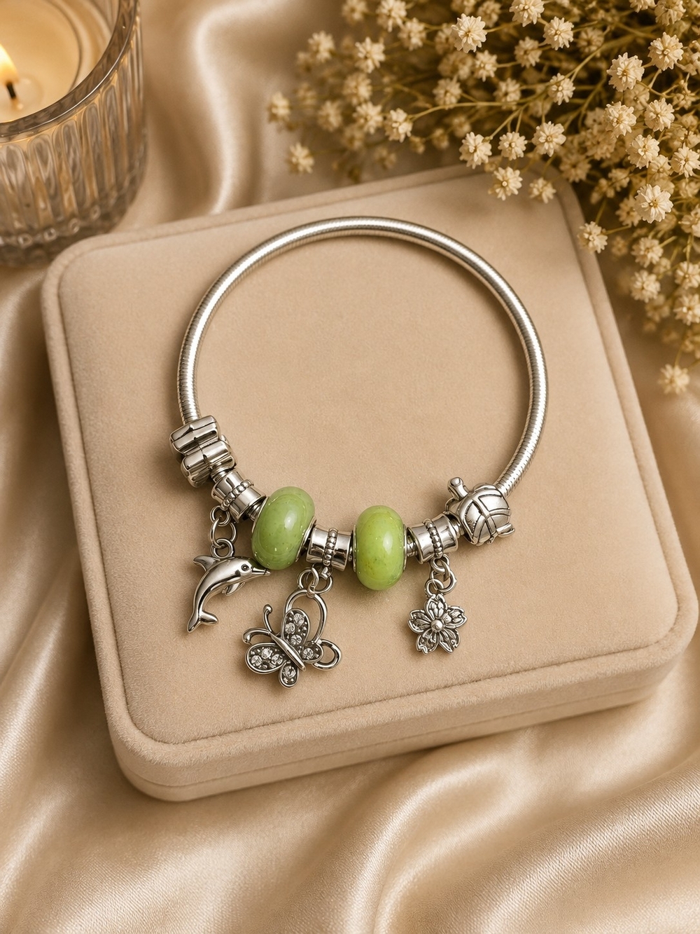 Silver Charm Bracelet with Green Glass Beads - Women Jewelry